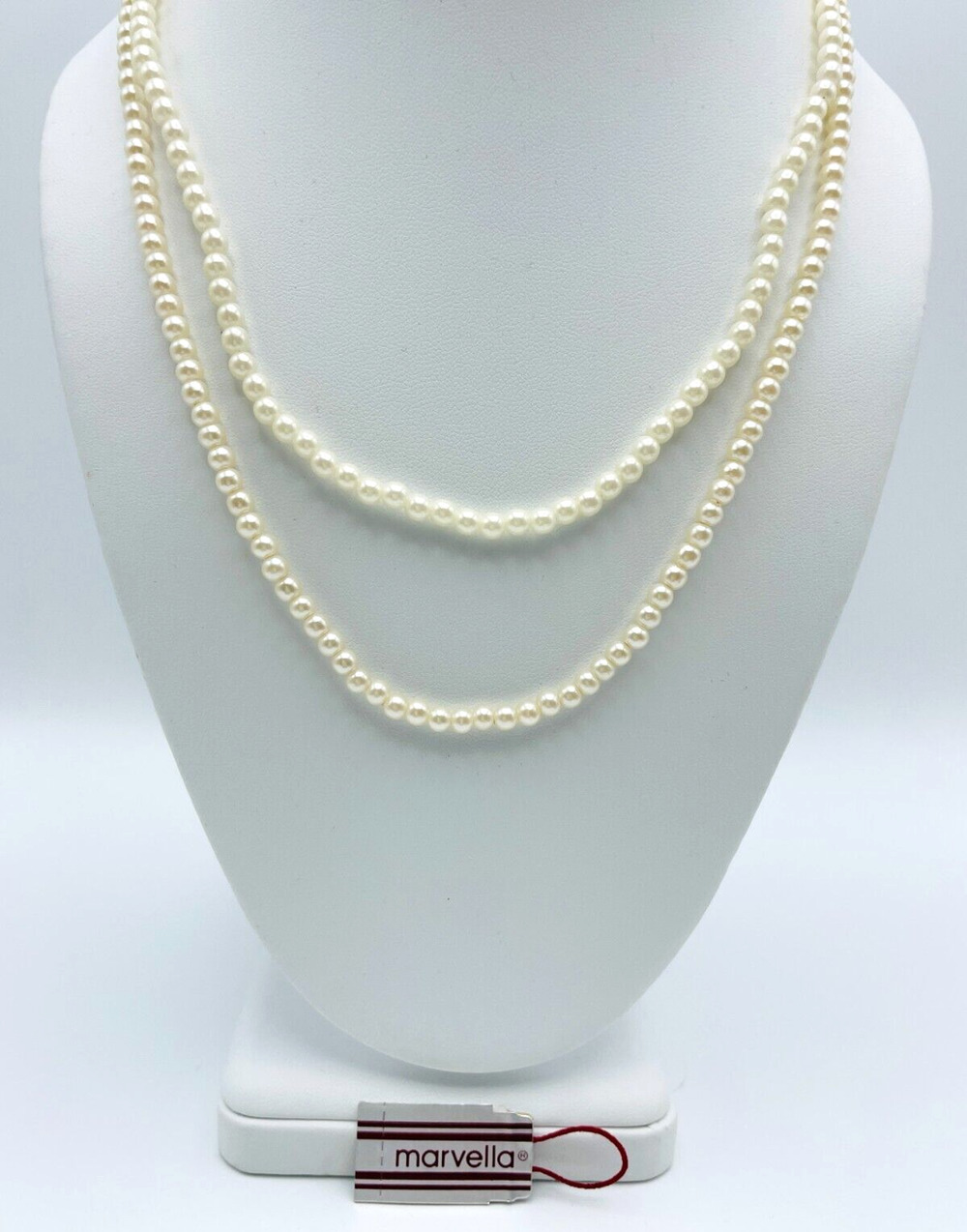 1980s Marvella Imitation White Pearl Choker Necklaces 16" & 19" New Old Stock